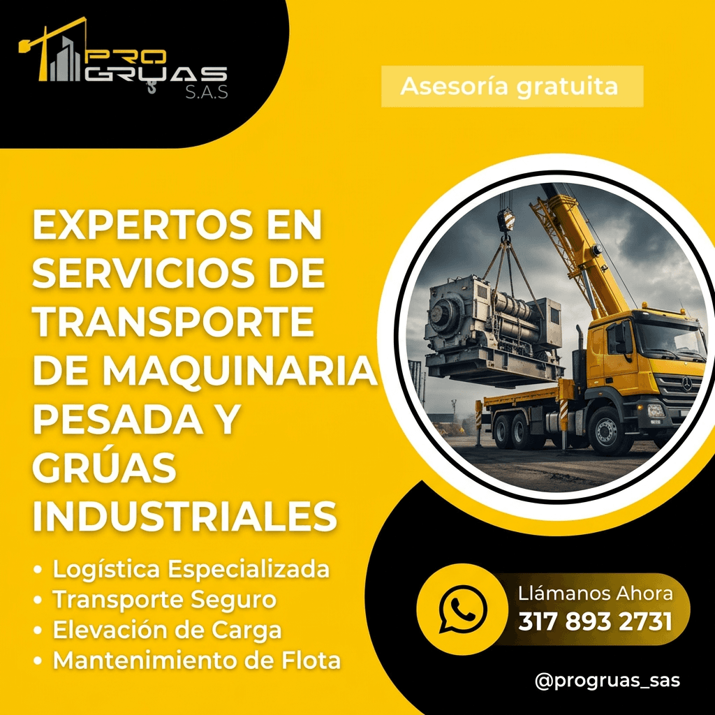 Grúa Progruas izando maquinaria industrial sobre camión de transporte